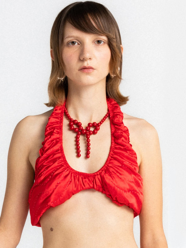 Red Gathered Yorgan Halter Neck Top