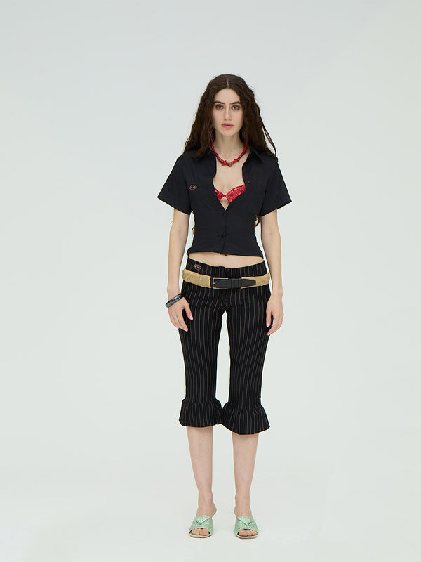 LEATHER BELT BLACK CAPRI FLARED PANTS