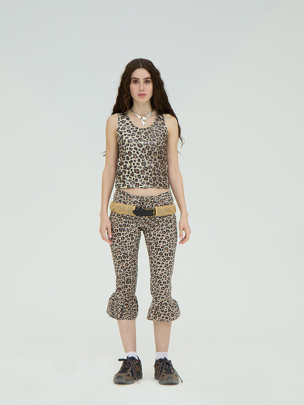 LEATHER BELT LEOPARD CAPRI FLARED PANTS