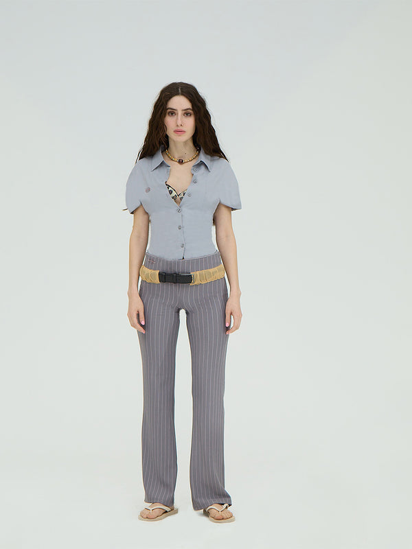 LEATHER BELT DETAILED GRAY PANTS